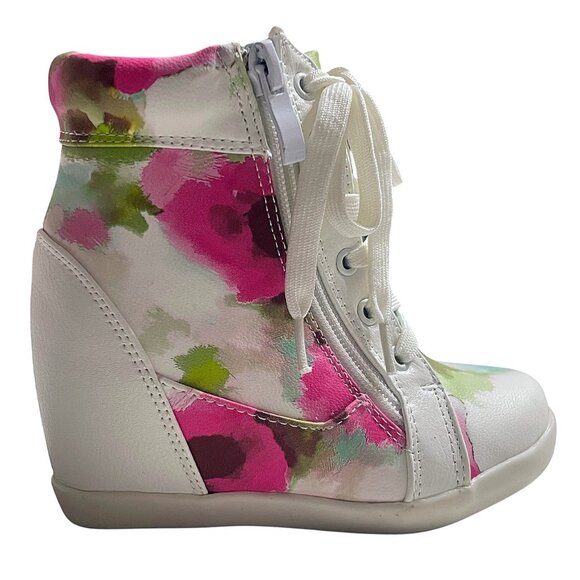 Girls Toddler Lace-Up Cute Flat Sneakers – Fuchsia Watercolor Splash Side Zipper - Picture 7 of 8